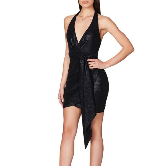 NEW Nookie Bellagio Mini Dress (Sz L) Halter Faux Wrap Black Shimmer - Picture 3 of 16